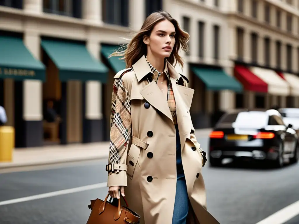 Una modelo irradia confianza al caminar por una bulliciosa calle de la ciudad luciendo la reinvención del trench coat Burberry