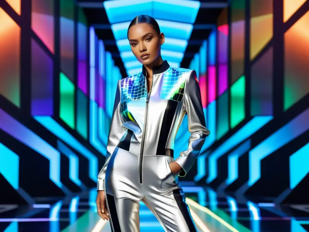 Una modelo en jumpsuit plateado futurista frente a proyecciones holográficas de moda virtual