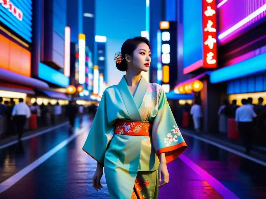 Una modelo con kimono camina por una futurista calle de Tokio, fusionando moda japonesa contemporánea tradición vanguardia