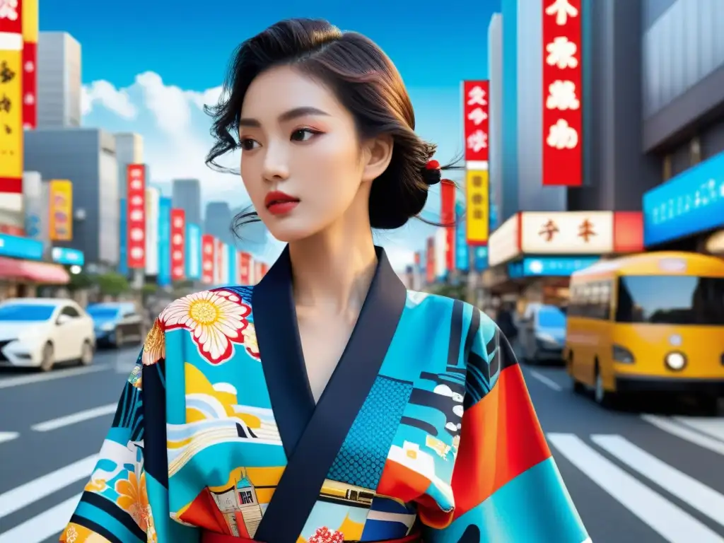 Una modelo lleva un kimono vibrante con ilustraciones de manga, destacando la fusión de diseño japonés tradicional y arte contemporáneo