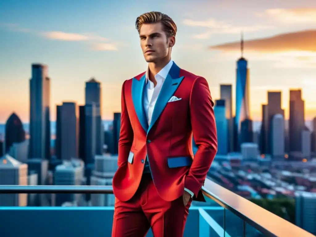 Un modelo masculino viste un llamativo traje rojo, contrastando con el moderno horizonte de la ciudad al atardecer