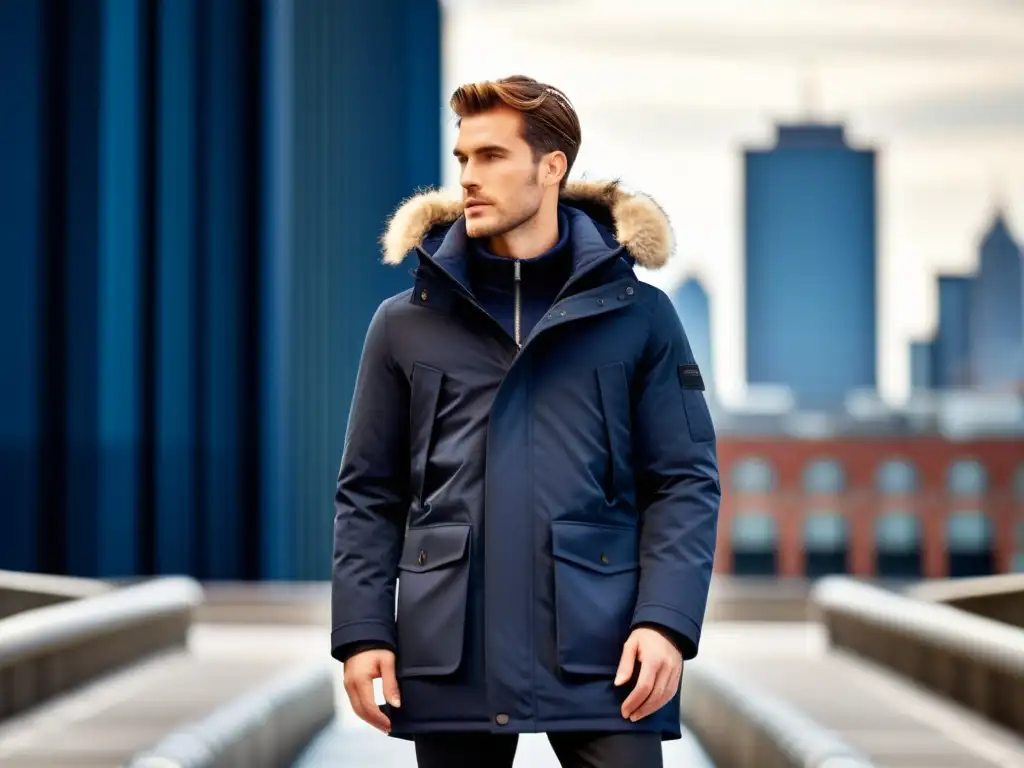 Un modelo masculino con parka moderna en la ciudad, reflejando la moda de prendas exteriores masculinas urbanas