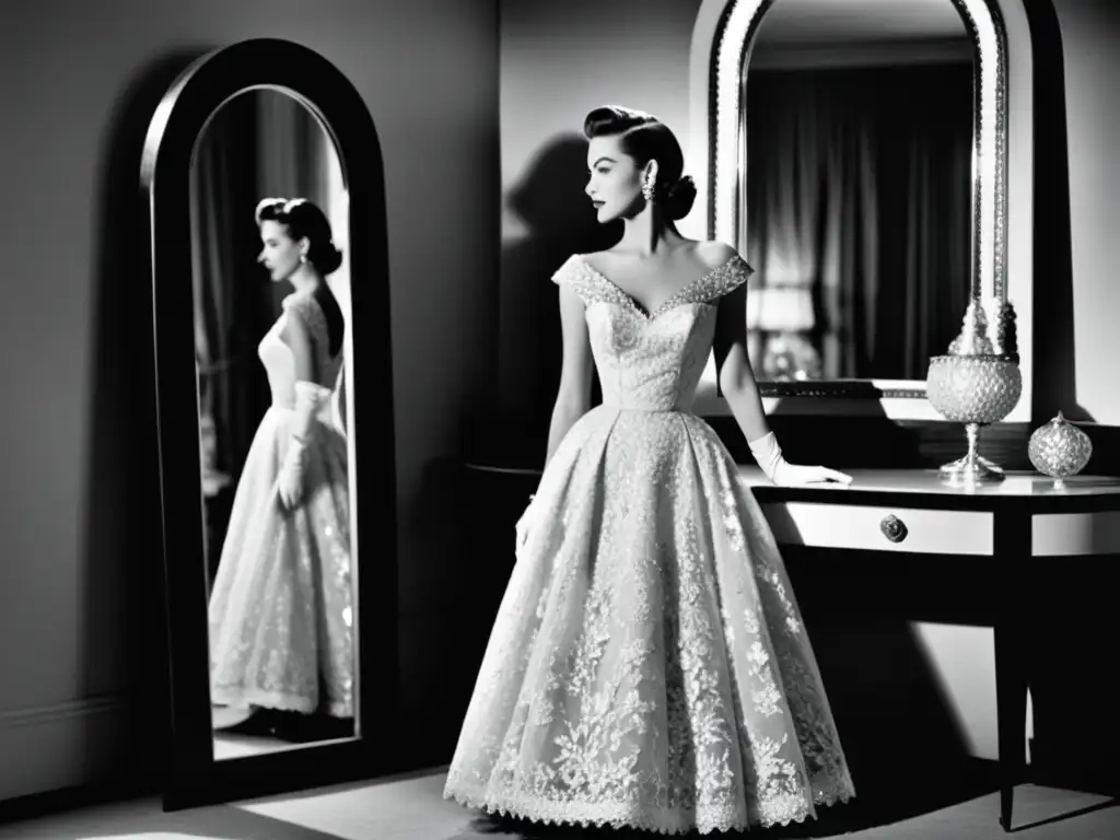 Modelo de moda de los años 50 en atelier de alta costura Una modelo de moda de los años 50, elegante y segura, posa en una alta costura