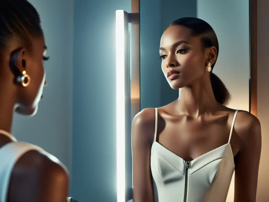 Una modelo de moda se observa en el espejo, mostrando su atuendo moderno