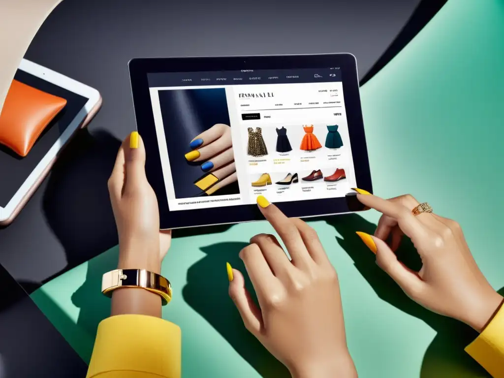 Modelo de moda con manicura elegante navegando en una tienda de moda online en una tablet, mostrando mejores prácticas experiencia usuario moda