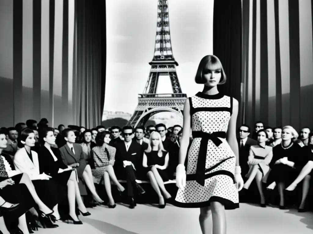 Modelo parisina desfila con un vestido asimétrico en un impactante desfile de moda de los años 60 en París, con la Torre Eiffel de fondo