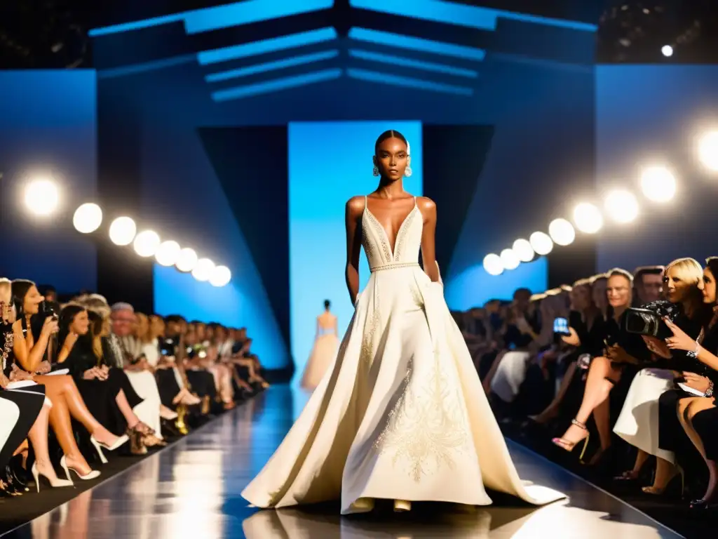 Modelo desfilando en pasarela con un deslumbrante vestido inspirado en cine en Semana de Moda