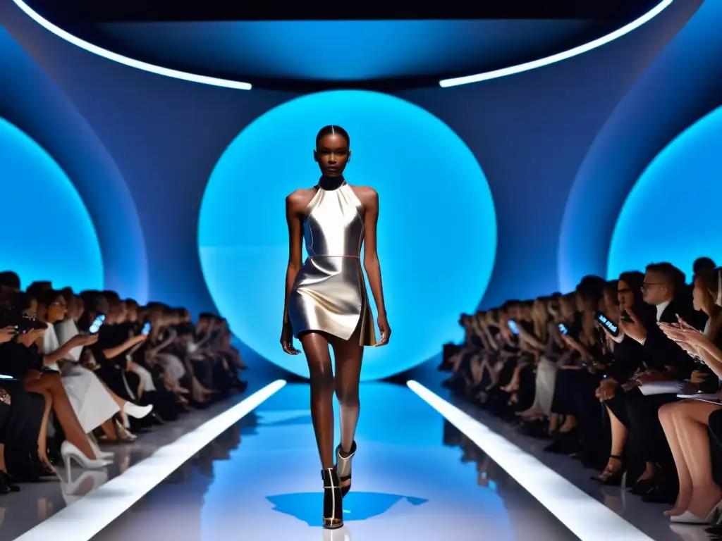 Modelo desfila en pasarela futurista con impacto cultural colección tecnología wearable de Hussein Chalayan