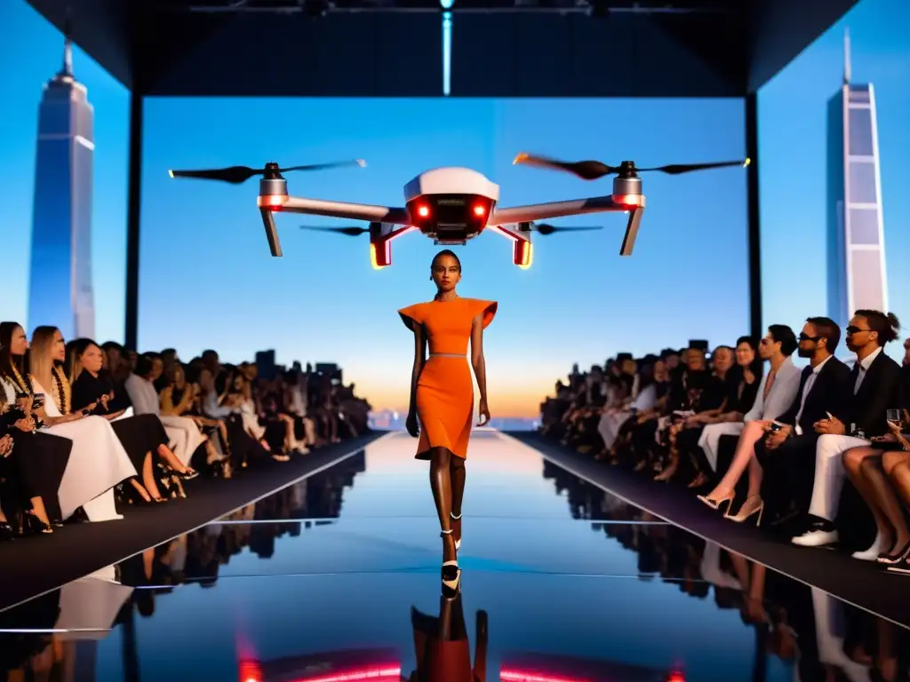 Una modelo desfila en una pasarela futurista con luces LED, mientras un elegante dron capta el momento de alta moda