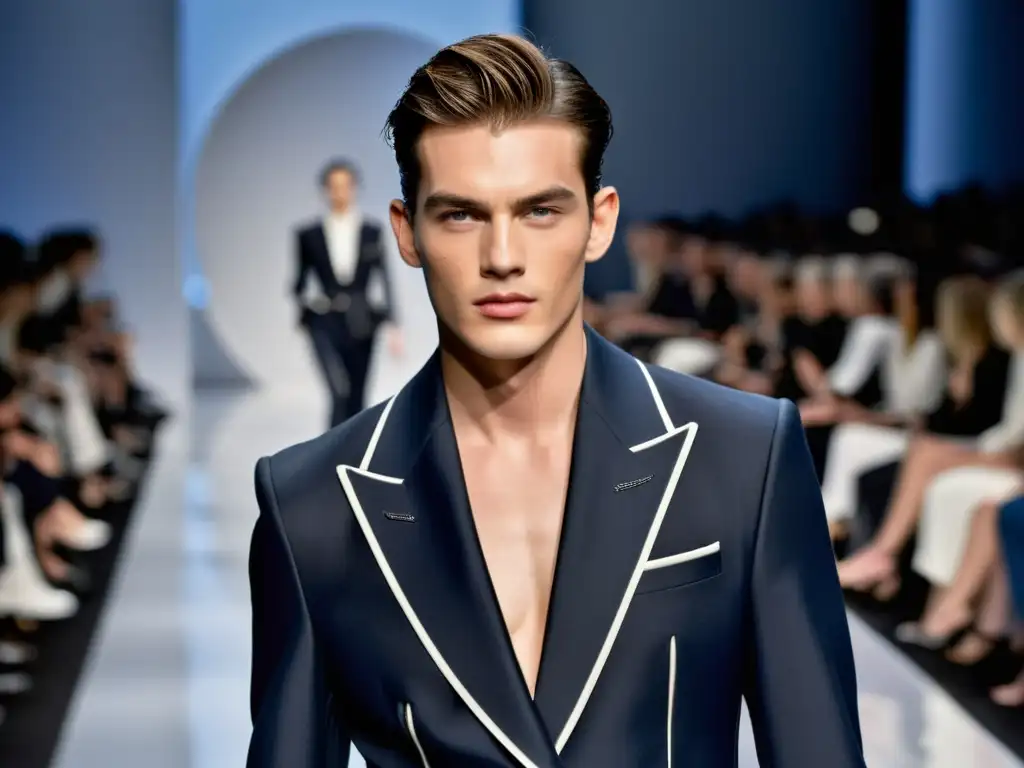 Modelo desfila en pasarela con impacto cultural del deconstructed suit de Armani, resaltando detalles y elegancia moderna