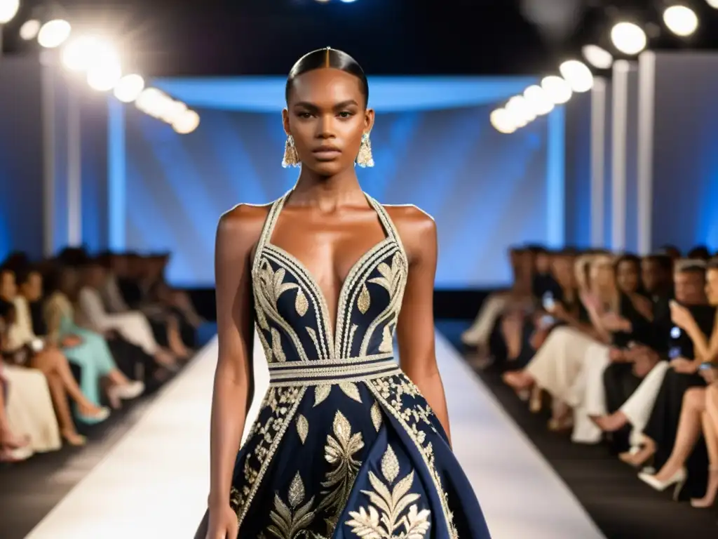 Una modelo desfila en una pasarela luciendo un impresionante vestido