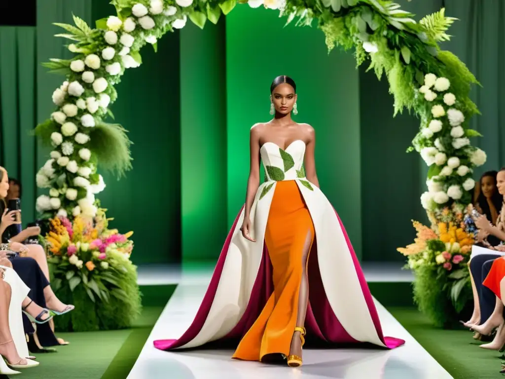 Modelo desfilando en pasarela con un impresionante vestido de alta costura sostenible, en medio de exuberante vegetación y flores