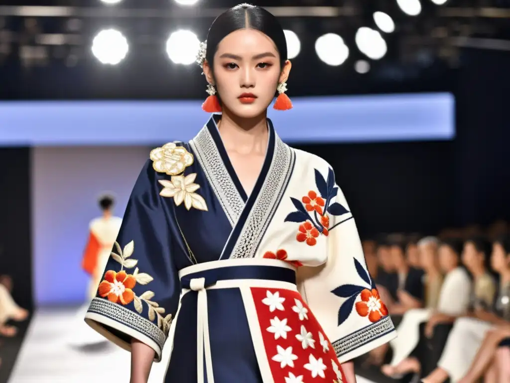 Modelo deslumbra en la pasarela del Fashion Week Tokyo con un kimono moderno que fusiona tradición y modernidad, captando la atención del público