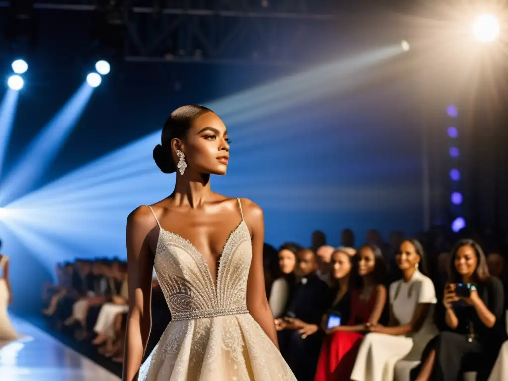 Una modelo desfila en la pasarela durante la Semana de la moda en París con un elegante vestido de encaje y brillo, irradiando sofisticación y opulencia