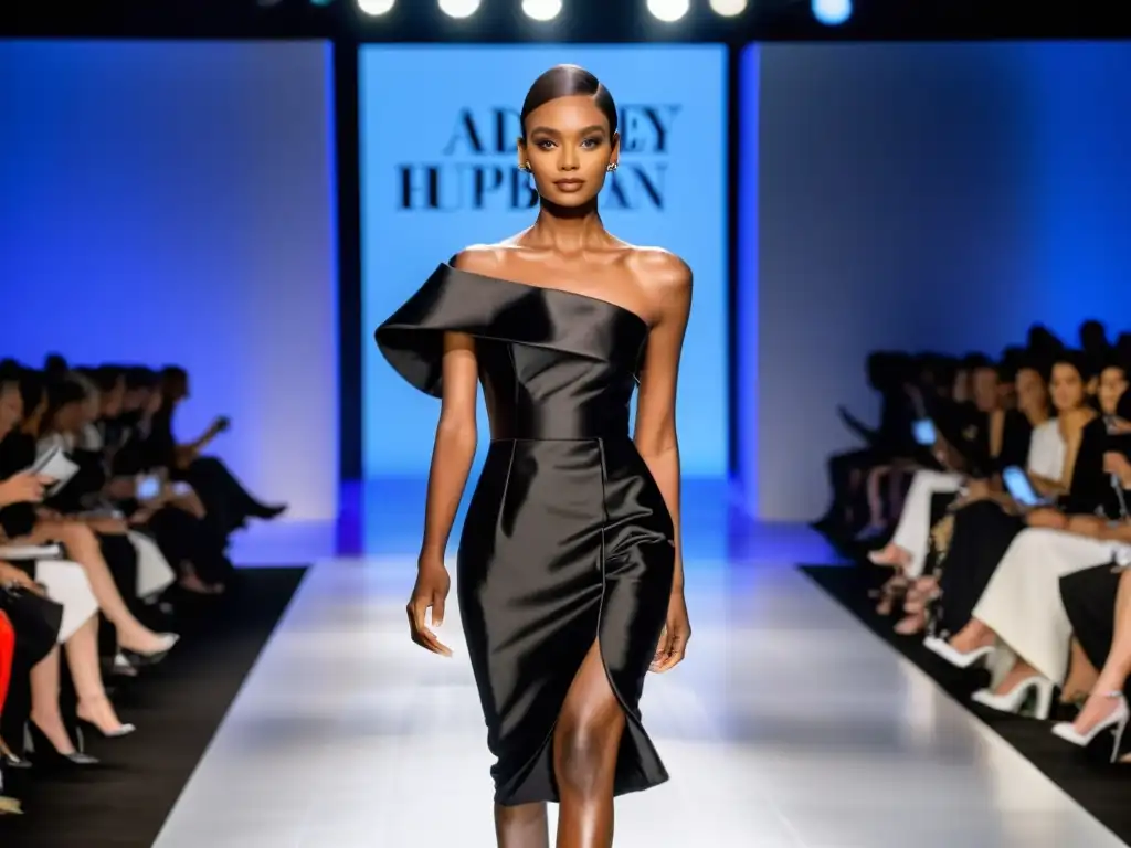 Modelo desfila en pasarela con vestido negro inspirado en Audrey Hepburn, evocando Referencias en Semanas de Moda