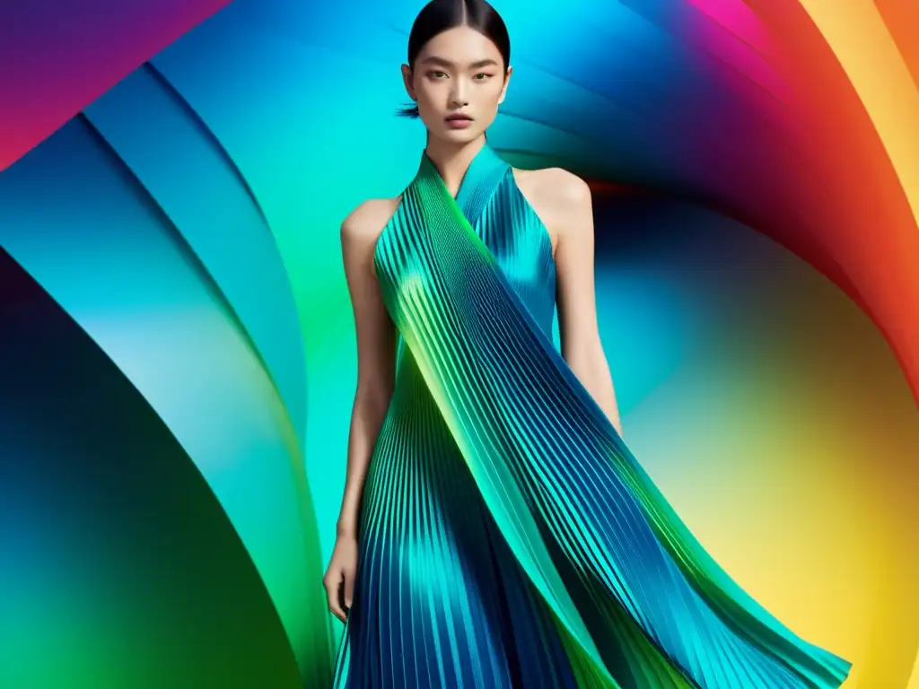 Modelo usando prenda futurista de Issey Miyake, fusionando moda japonesa y tecnología en un ambiente vanguardista y minimalista