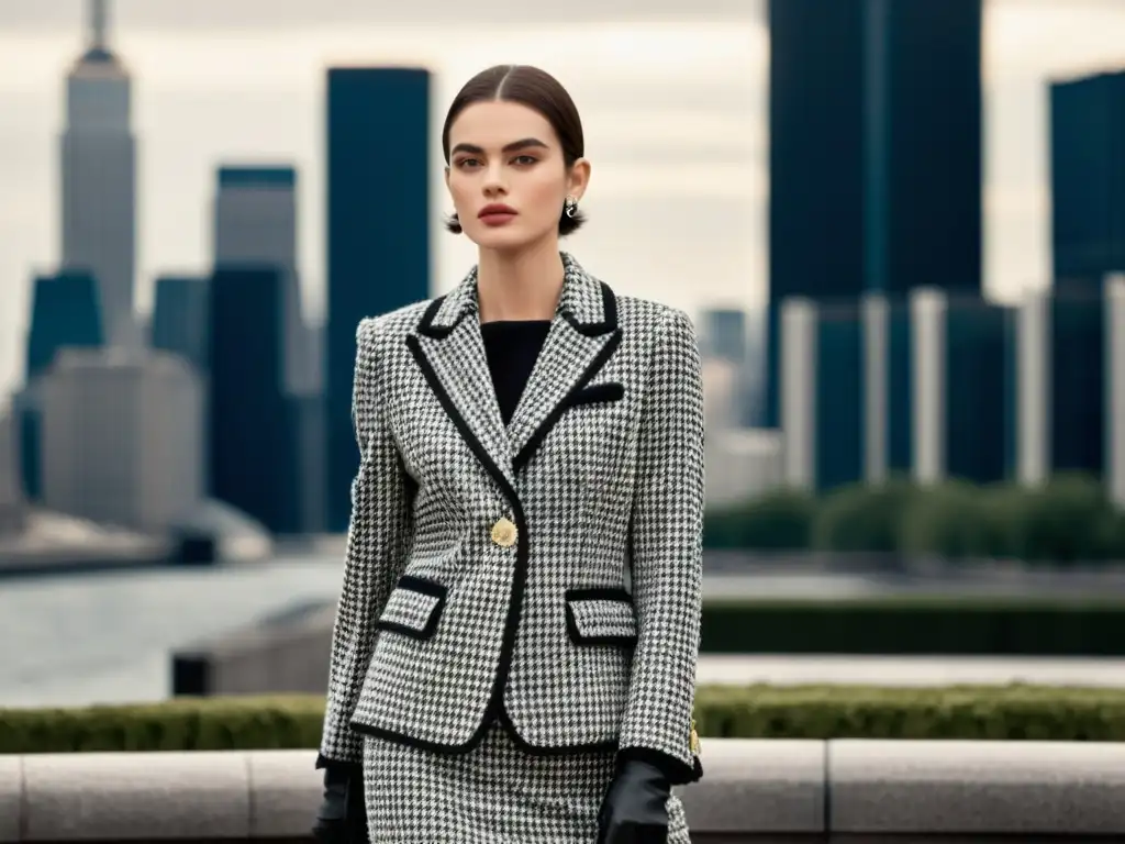 Una modelo viste un traje de tweed de Chanel en blanco y negro ante un fondo urbano, resaltando la elegancia atemporal