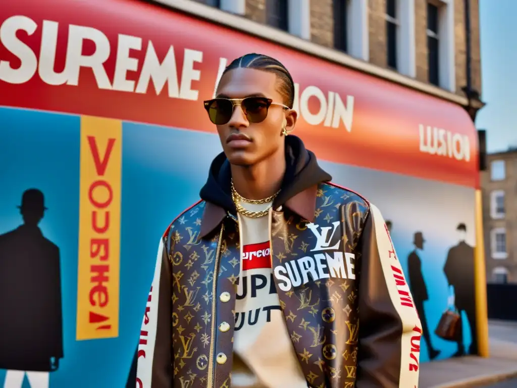 Modelo urbano lleva colaboraciones reinventan piezas icónicas moda, combinando Supreme y Louis Vuitton en la ciudad