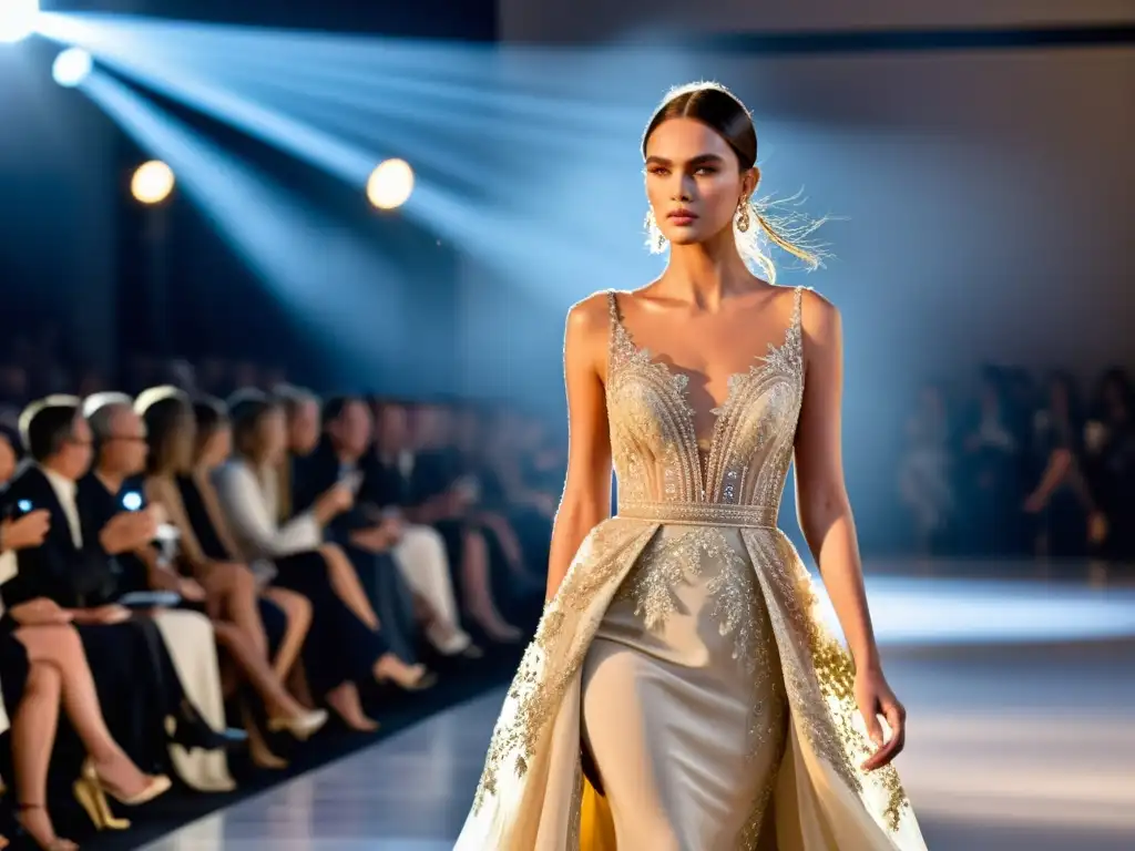 Modelo deslumbra con vestido de alta costura en pasarela, destacando la elegancia y tendencias moda alta costura