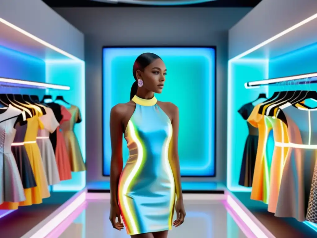 Una modelo luce un vestido futurista de Realidad Aumentada en un showroom de alta tecnología con diseños de moda en realidad aumentada