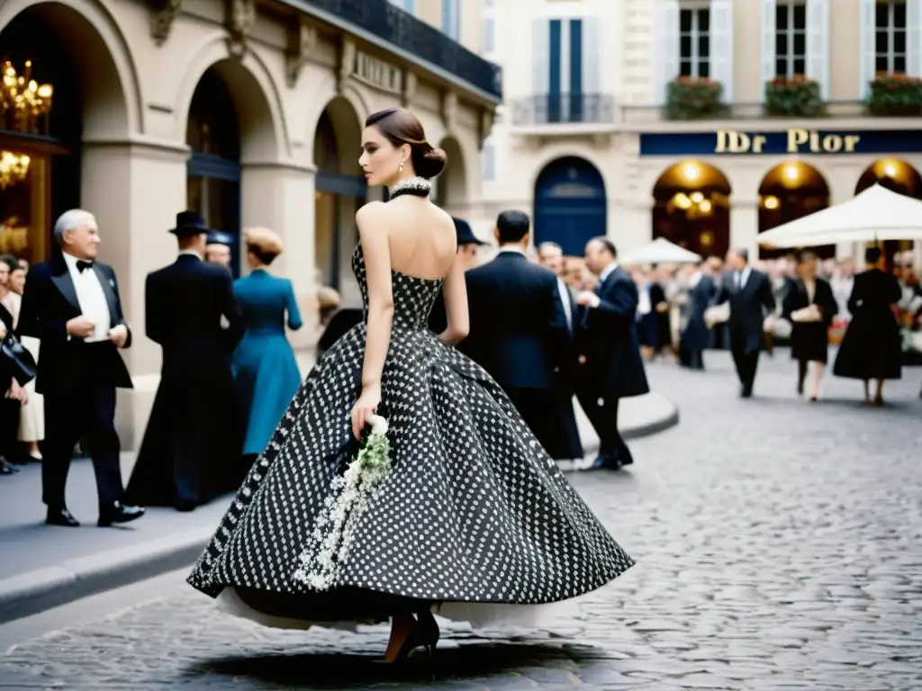 Modelo deslumbra con el vestido Junon de Dior en una calle parisina, capturando la moda posguerra con elegancia y sofisticación