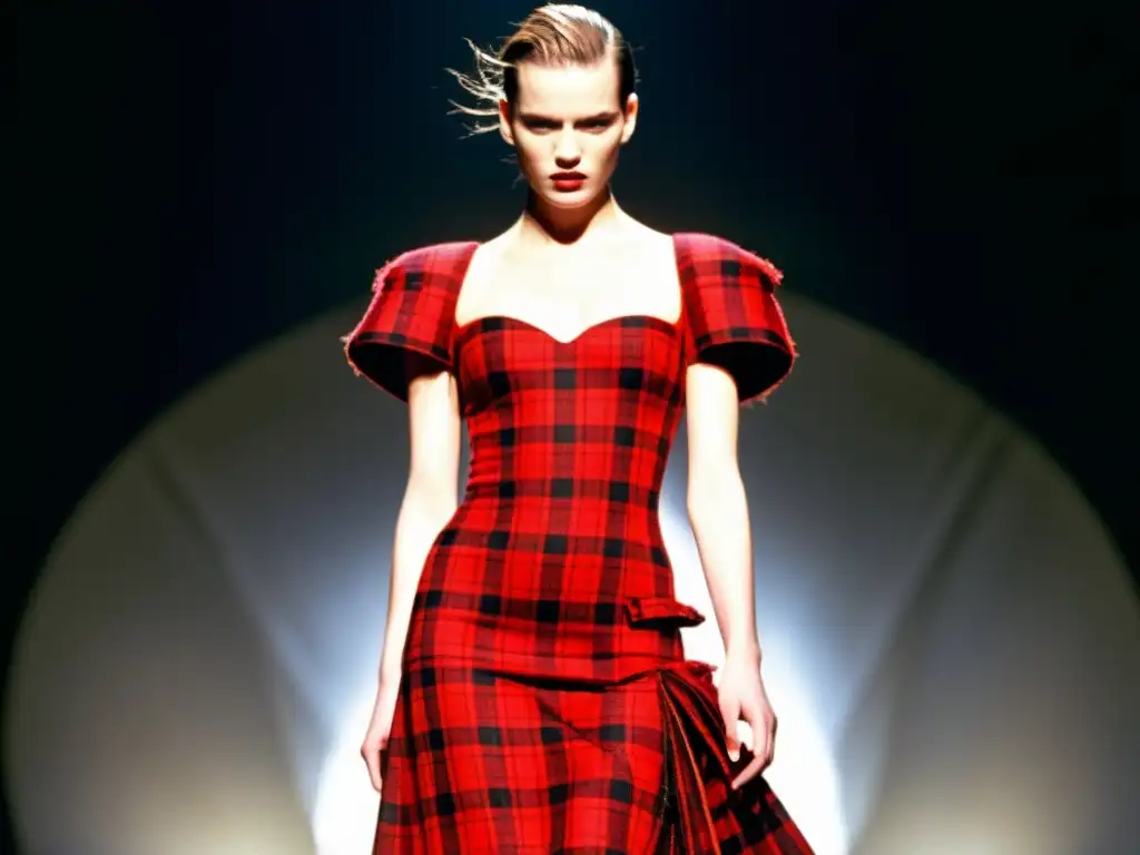 Modelo con vestido de tartán desgarrado de la colección 'Highland Rape' de Alexander McQueen, historia impacto cultural Alexander McQueen