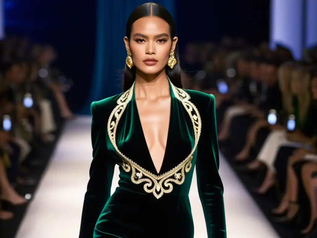 Modelo deslumbra con vestido de terciopelo de la icónica colección de Tom Ford para Gucci, capturando el renacimiento de la marca