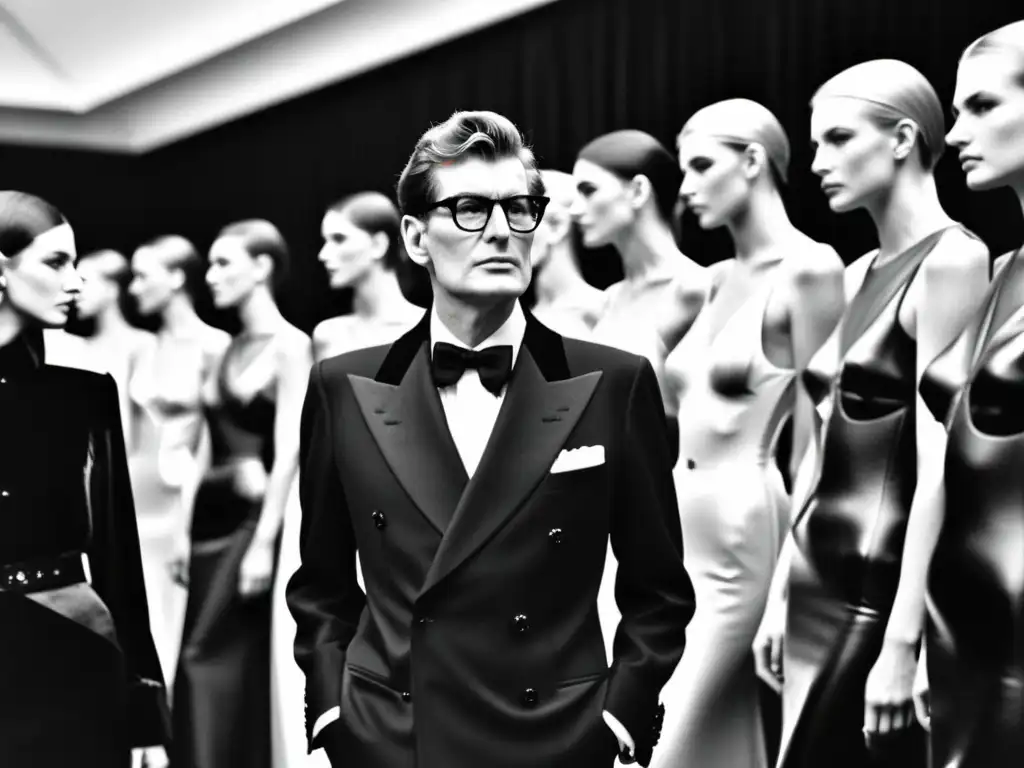 Yves Saint Laurent supervisa modelos en desfile de moda lujo, creando una atmósfera de creatividad y anticipación