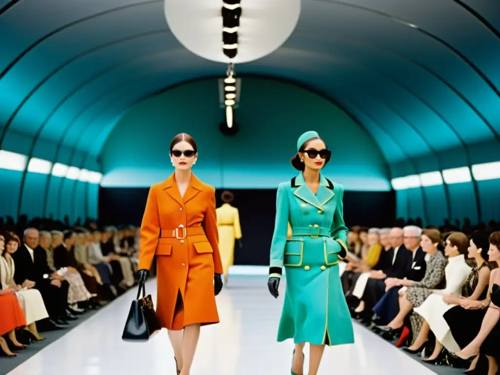 Modelos icónicos revolucionaron moda desfilan en la pasarela de los 60s o 70s en un ambiente eléctrico y vanguardista