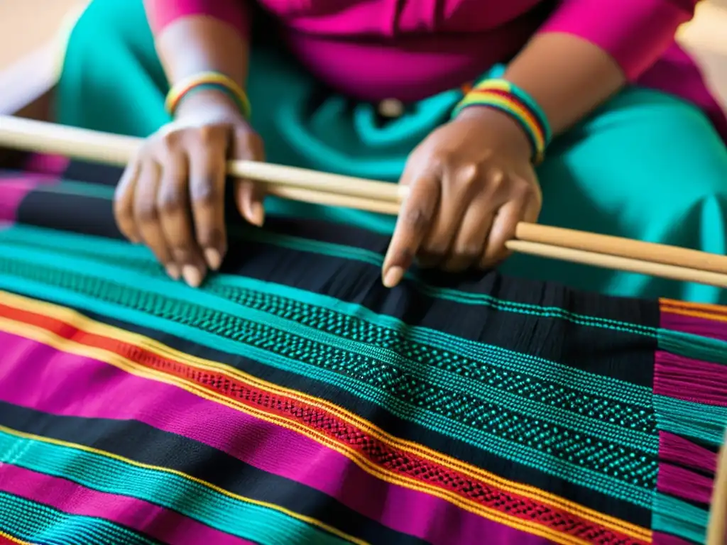 Una mujer Aimara teje con destreza un textil tradicional, mostrando la rica historia y moda Aimara