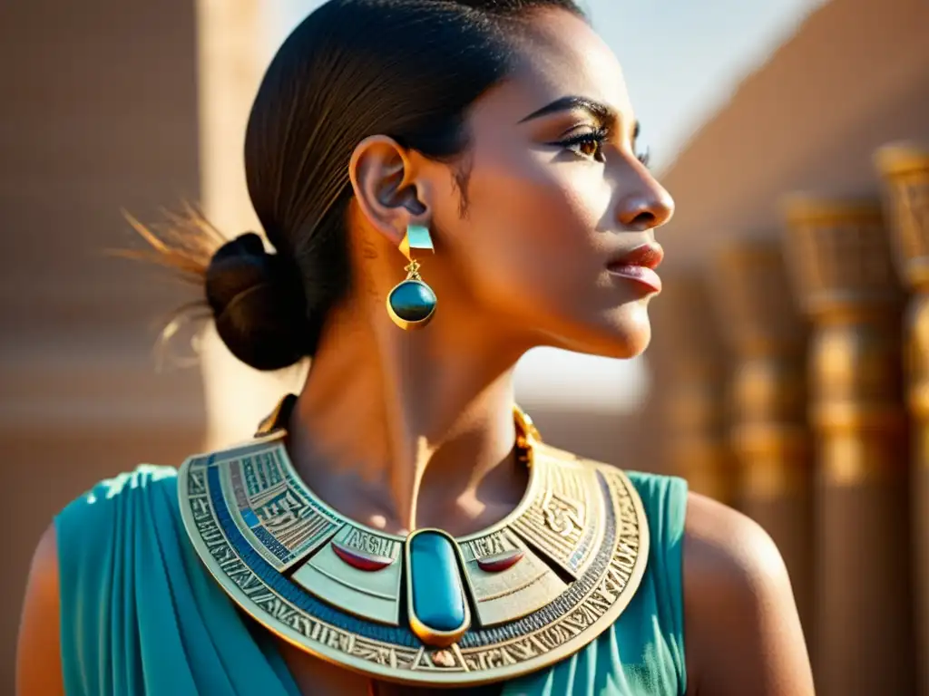 Recreación de una mujer del antiguo Egipto usando un collar de oro y piedras preciosas, con símbolos y patrones