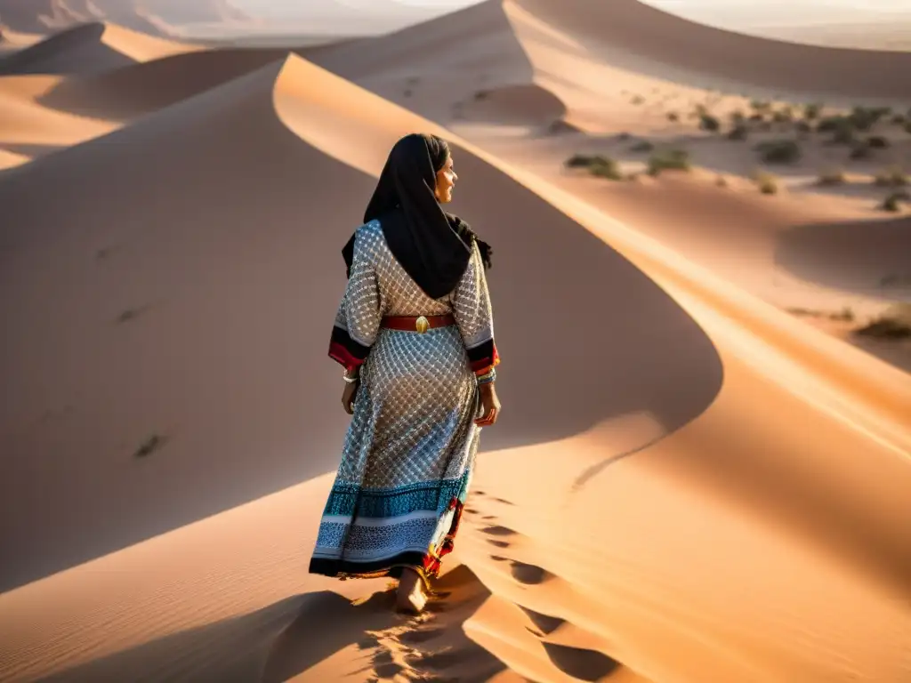 Una mujer beduina viste ropa tradicional en el desierto, con colores vibrantes y patrones intrincados