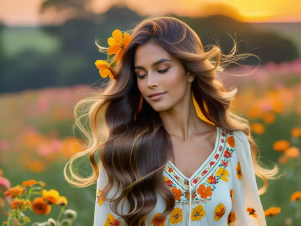 Una mujer con cabello largo y ondulado, adornado con flores vibrantes, bajo el cálido atardecer