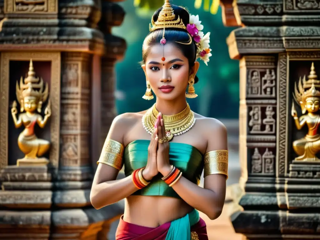 Una mujer camboyana viste el majestuoso traje típico de Camboya, Apsara, en una pose elegante frente a un antiguo templo adornado