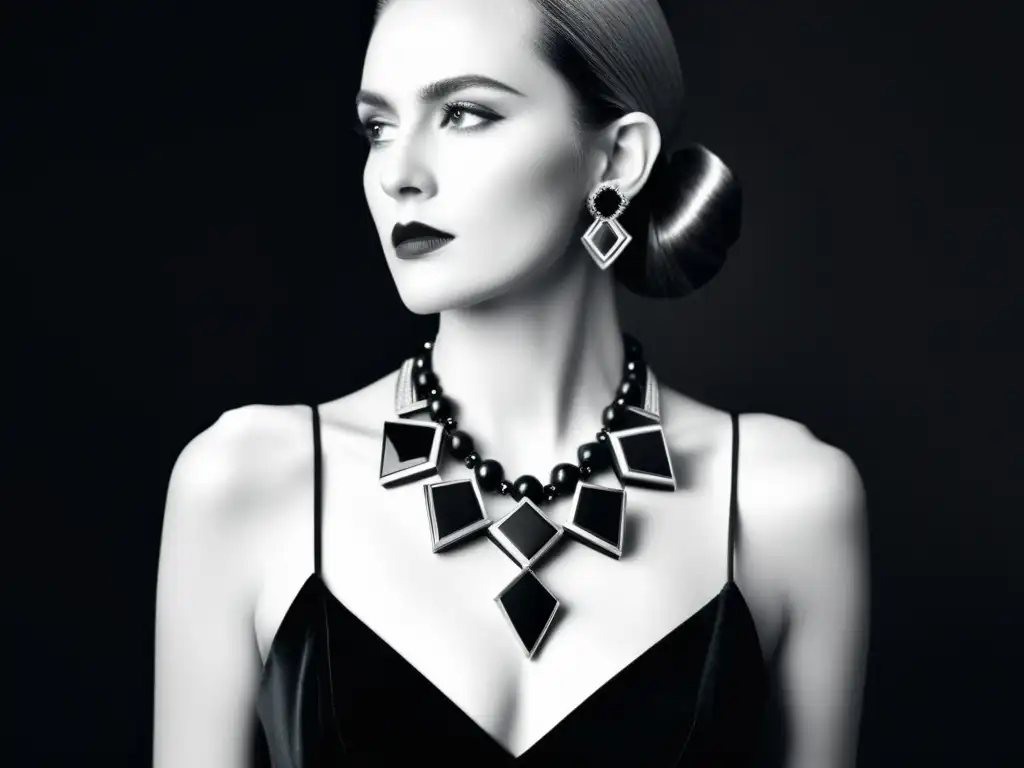 Una mujer desafiante y elegante luce un llamativo collar de onix y plata, reflejando la evolución de las joyas negras en la historia de la moda