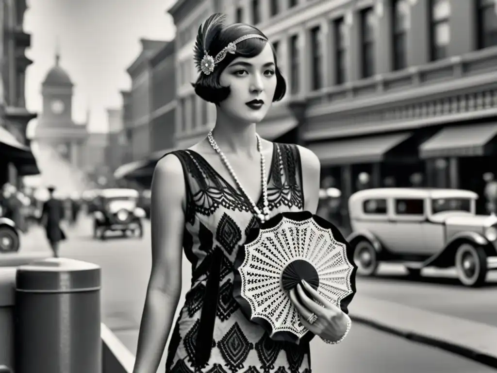 Mujer elegante de los años 20 con abanico y vestido de moda, en una calle de la ciudad