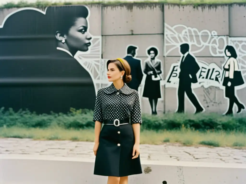 Una mujer elegante frente al Muro de Berlín, simbolizando la moda y la resistencia de los años 60