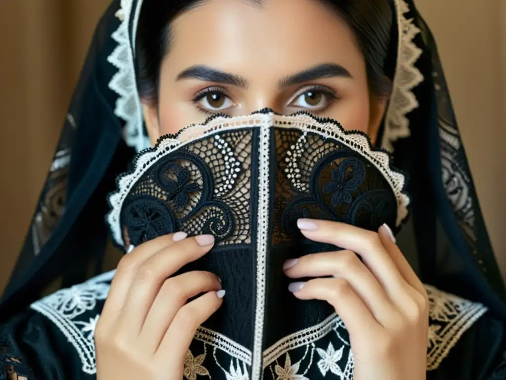 Una mujer viste un elegante 'traje de viuda' negro con encajes y bordados, sosteniendo una mantilla