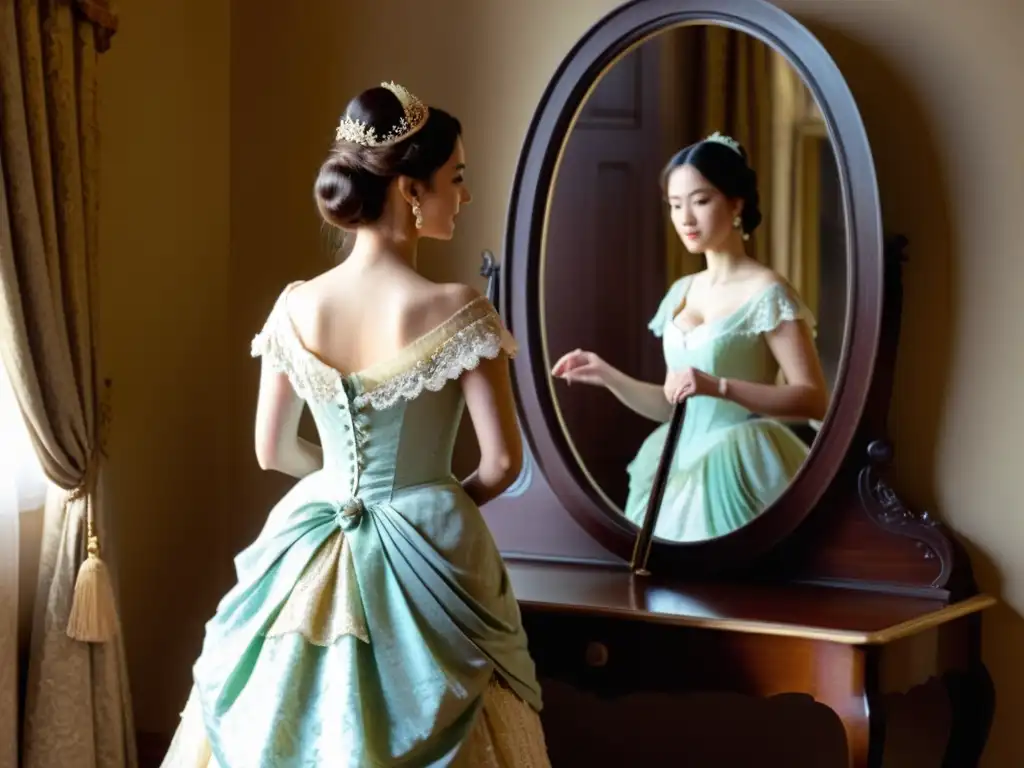 Una mujer en un elegante vestido del siglo XIX se ajusta el miriñaque frente a un espejo, evocando el impacto cultural de la moda del siglo XIX