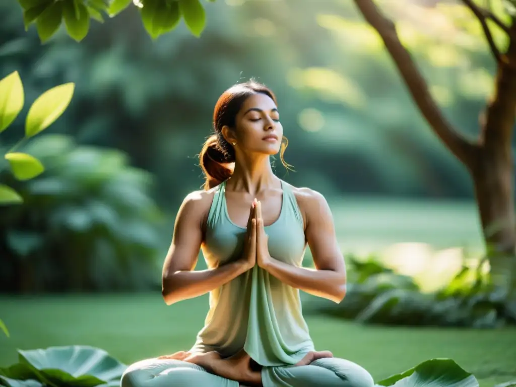 Una mujer practica yoga en un entorno natural, vistiendo ropa inspirada en la India