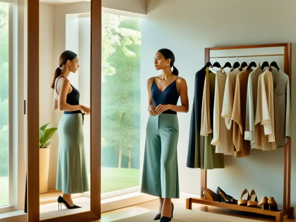 Mujer selecciona atuendo en espejo con luz natural, reflejando moda como herramienta para ansiedad con serenidad y reflexión