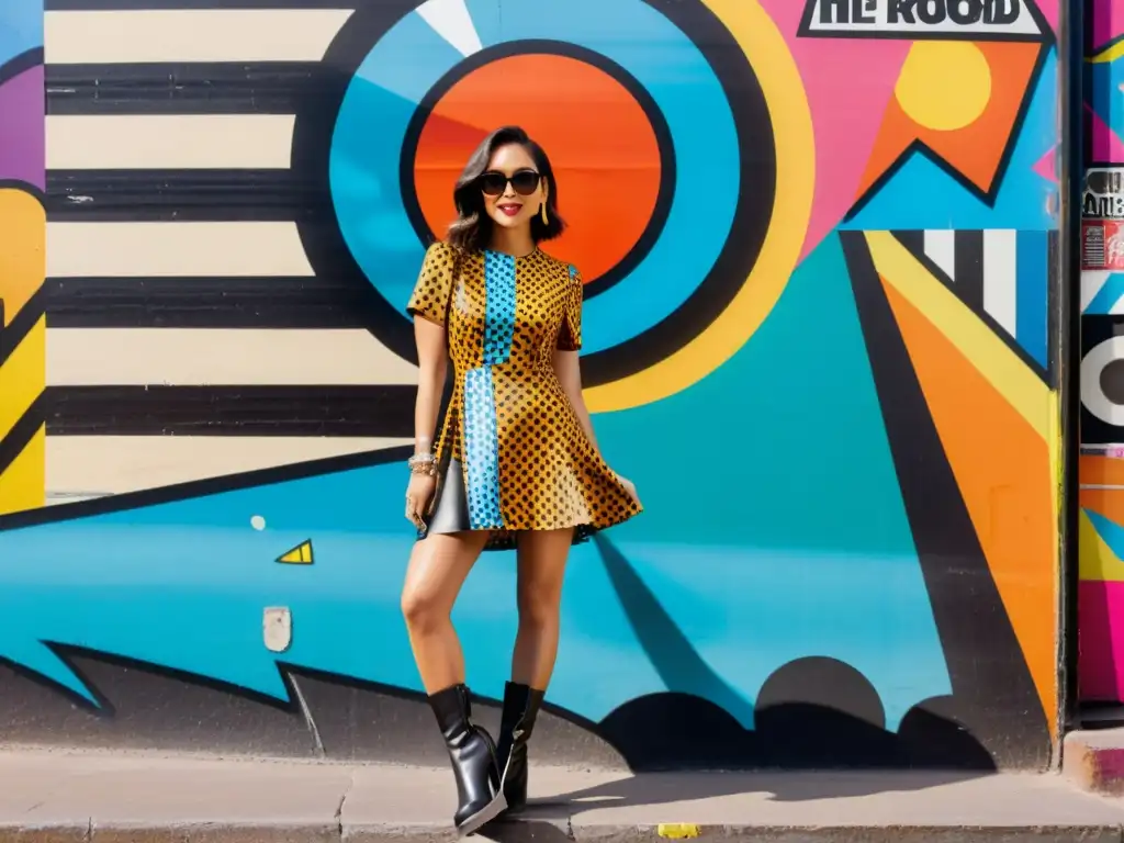 Una mujer con estilo retro urbano posa frente a una colorida pared llena de arte callejero, capturando la esencia de la moda revolución retro