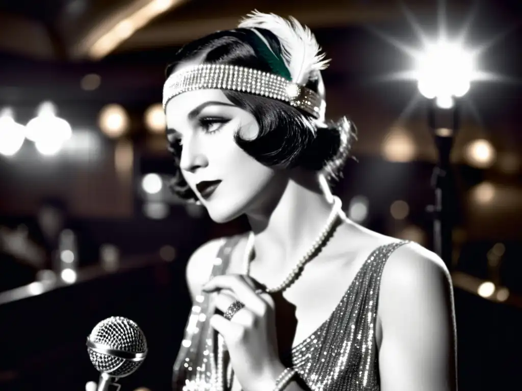 Una mujer flapper de los años 20 con accesorios definitorios de eras de moda, en un club de jazz con micrófono vintage y banda en el fondo