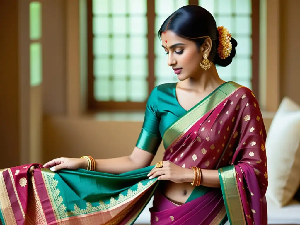 Una mujer india envuelve con gracia un sari vibrante y elaborado, destacando la belleza y la historia del sari en la moda