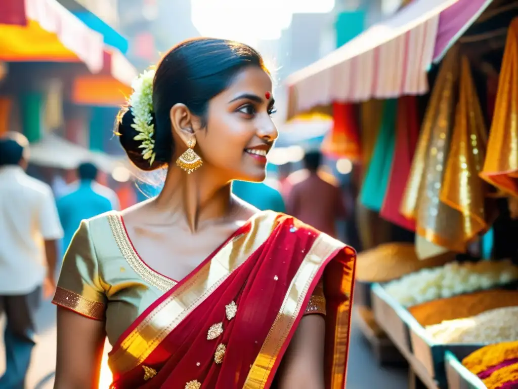 Una mujer india lleva un sari rojo y dorado con bordados intrincados y lentejuelas, caminando por un mercado colorido en Mumbai