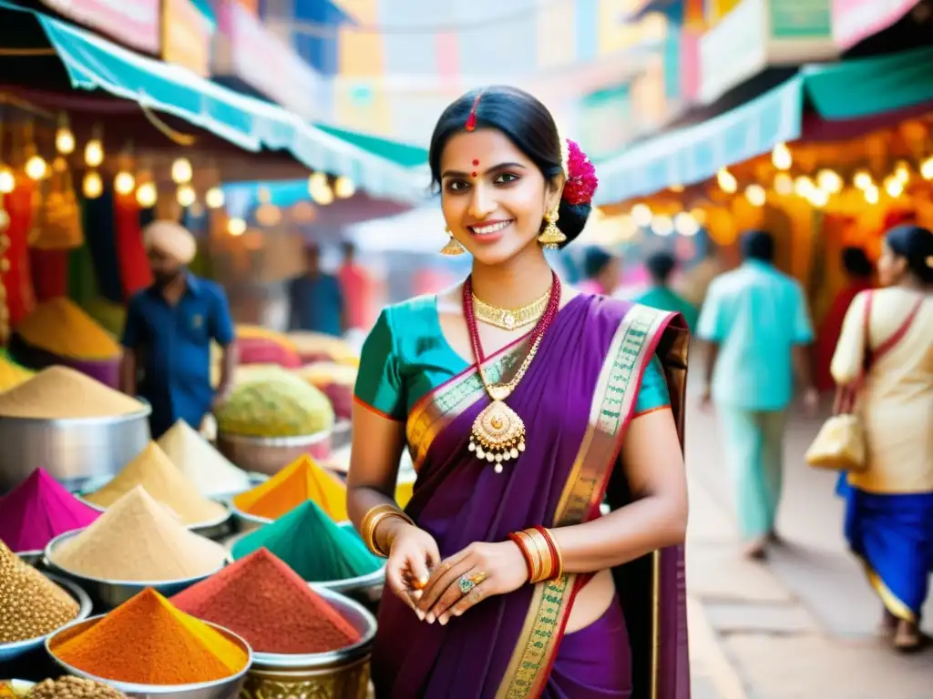 Una mujer india con un sari vibrante y joyería ornamental, frente a un bullicioso mercado