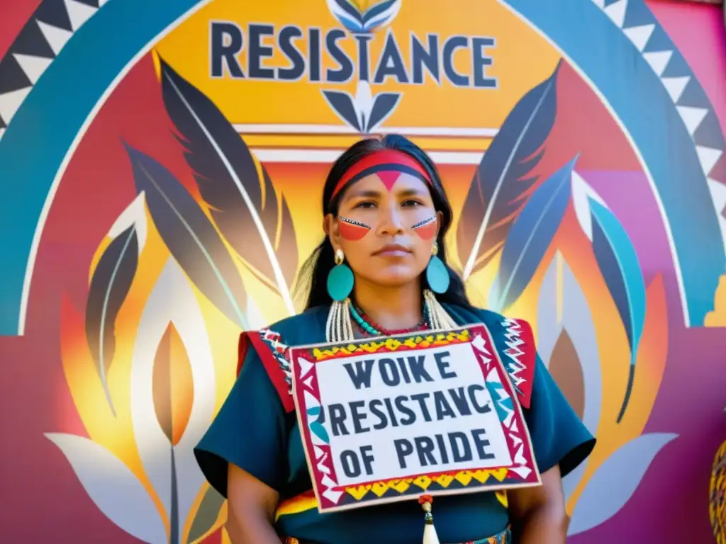 Una mujer indígena orgullosa frente a un mural de resistencia cultural, sosteniendo un letrero en su idioma nativo