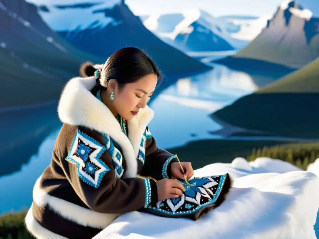 Una mujer inuit cosiendo arte en piel de foca rodeada de paisajes árticos, destacando el uso de pieles en moda inuit