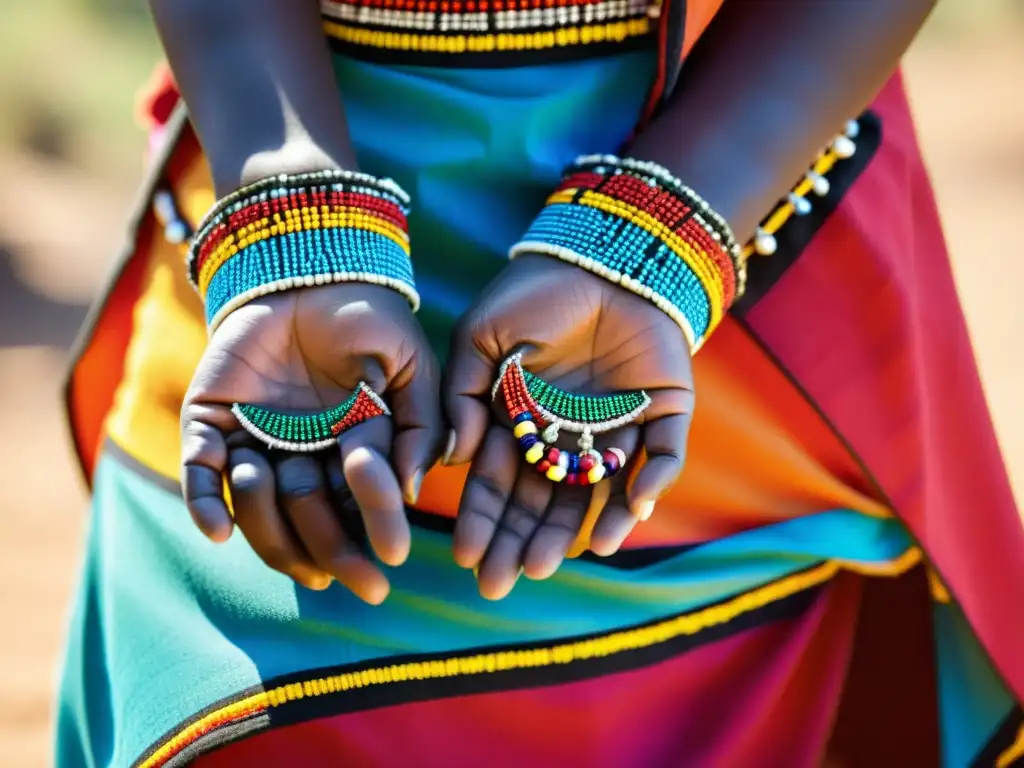 Una mujer Maasai sostiene un tejido tradicional, con patrones y colores vibrantes que muestran el significado de los diseños textiles moda Maasai