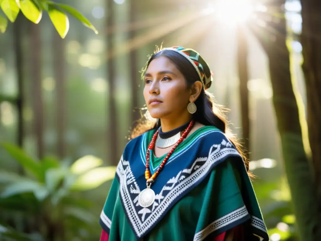 Una mujer Mapuche muestra su indumentaria como resistencia cultural en el bosque